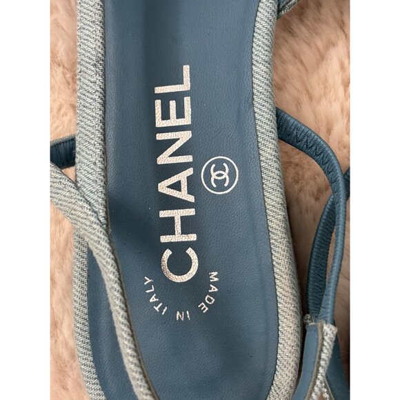 Chanel Women's Interlocking CC Logo Canvas Slingback Baby Blue Flats Size 8.5 - Picture 3 of 8